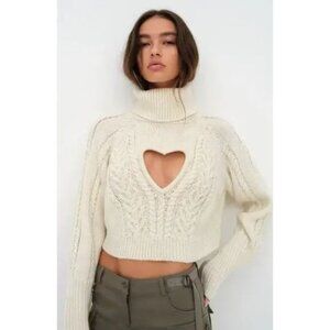 For Love & Lemons Vera Cropped Cut Out Sweater Cream